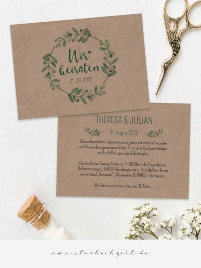 Hochzeitseinladung Kraftpapier Soft Greenery Eukalyptus