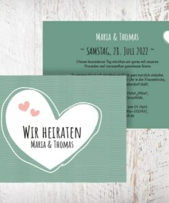 Hochzeitseinladungen grün - Maria mit Herzen auch in blush, beige, violett Die Hochzeitseinladungen Maria mit Herzen gibt es in 4 Farben. Gestalte deine Einladungskarten in drei einfachen Schritten in unserem Designertool fertig. | starhochzeit.de