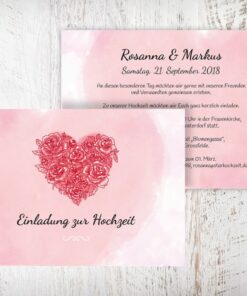 Hochzeitseinladungen Herz aus Rosen – Rosanna | Diese Hochzeitseinladungen mit einem gezeichneten Herz aus roten Rosen auf rosa Aquarell-Hintergrund bekommst du nur hier. Einfach im Designertool selber fertig gestalten | Mustertext mit Schrift und Farbe sind veränderbar | starhochzeit.de