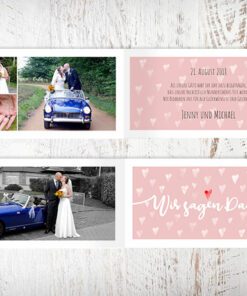 Dankeskarten, Hochzeit, Dankeskarte Jenny, Herzmuster, altrosa, vintage, weiss, Wir sagen Danke, Foto Hochzeitspaar, eigenes Foto hochladen