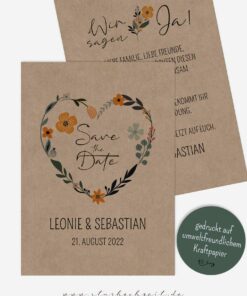 Save the Date Karten Hochzeit Blumenherz, Kraftpapier, Vintage, Banderole
