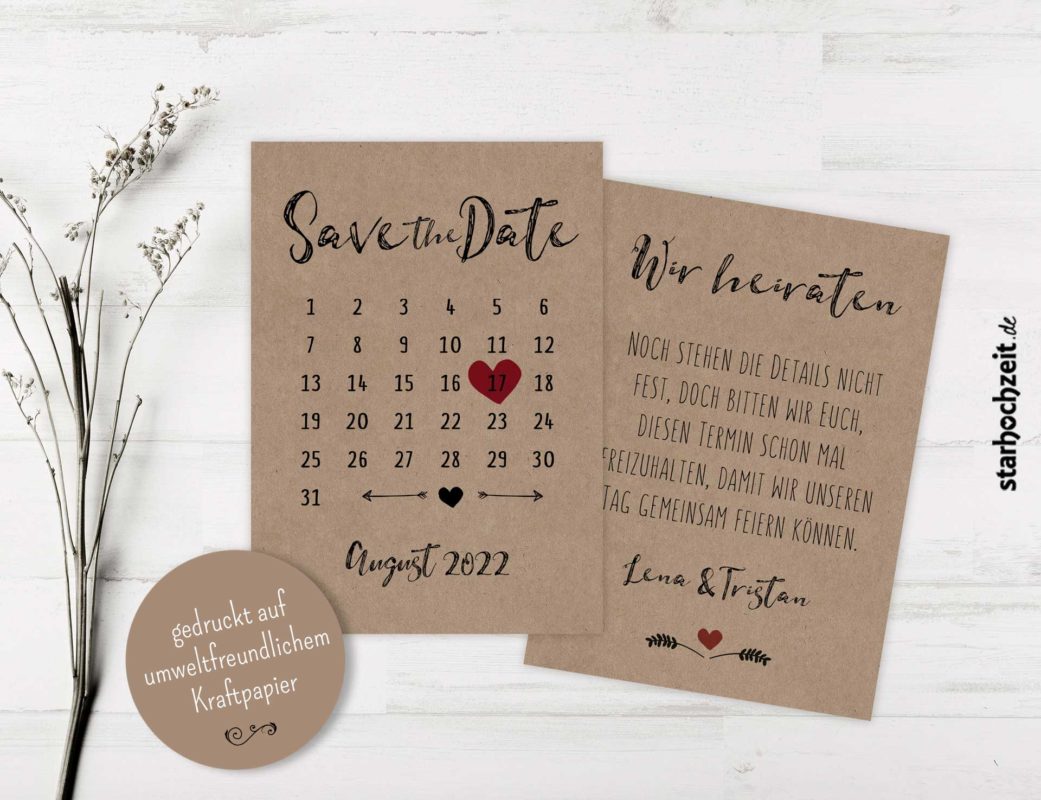 Save-the-Date Karten – Kraftpapier Kalender  Neu 2022