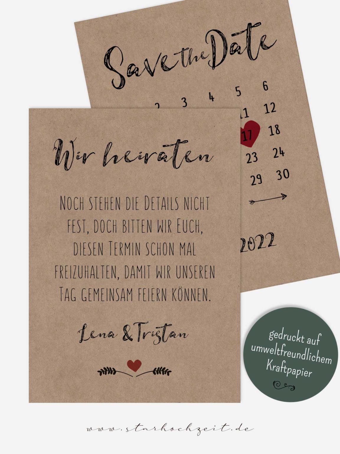 Save-the-Date Karten – Kraftpapier Kalender Herz