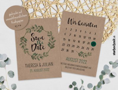 Save-the-Date Karten – Kraftpapier Soft Greenery Kalender