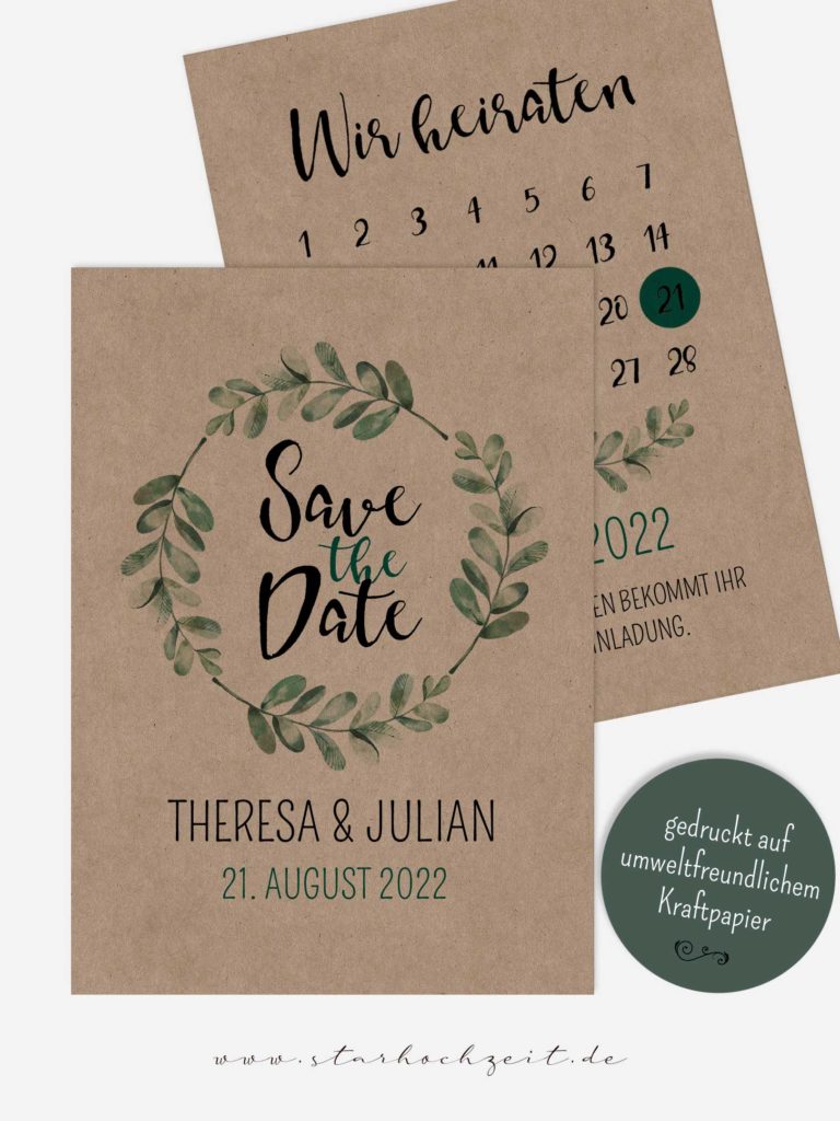 Save-the-Date Karten – Kraftpapier Soft Greenery Kalender